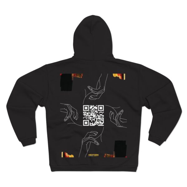 Zip Hoodie with Abstract Print & Back QR Hand Illustration
