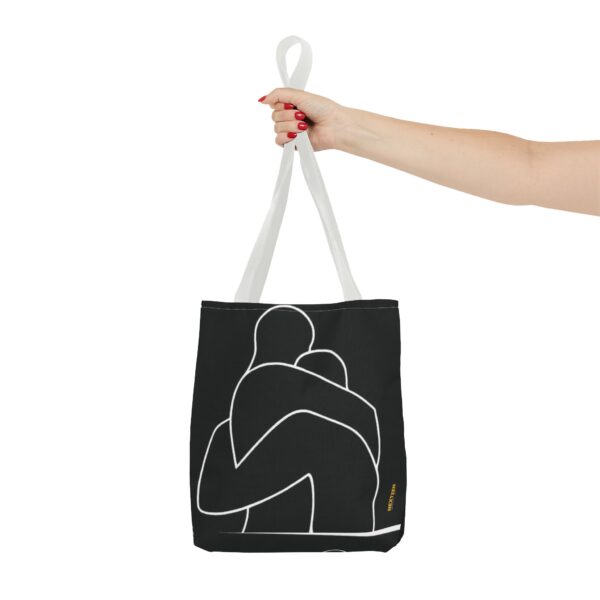 Minimalist Line Art Tote Bag — Embrace Hug Design on Black