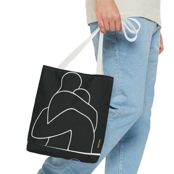 Minimalist Line Art Tote Bag — Embrace Hug Design on Black