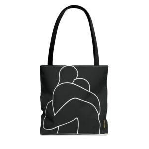 Minimalist Line Art Tote Bag — Embrace Hug Design on Black