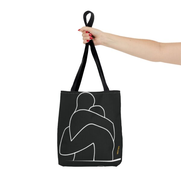 Minimalist Line Art Tote Bag — Embrace Hug Design on Black