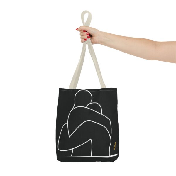 Minimalist Line Art Tote Bag — Embrace Hug Design on Black