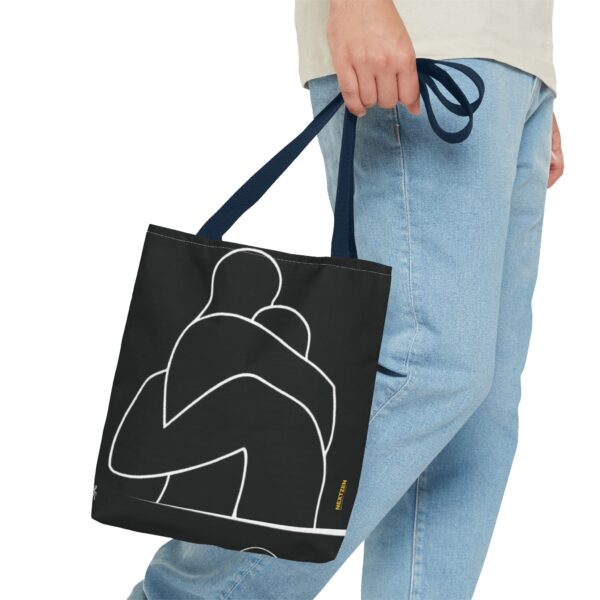 Minimalist Line Art Tote Bag — Embrace Hug Design on Black