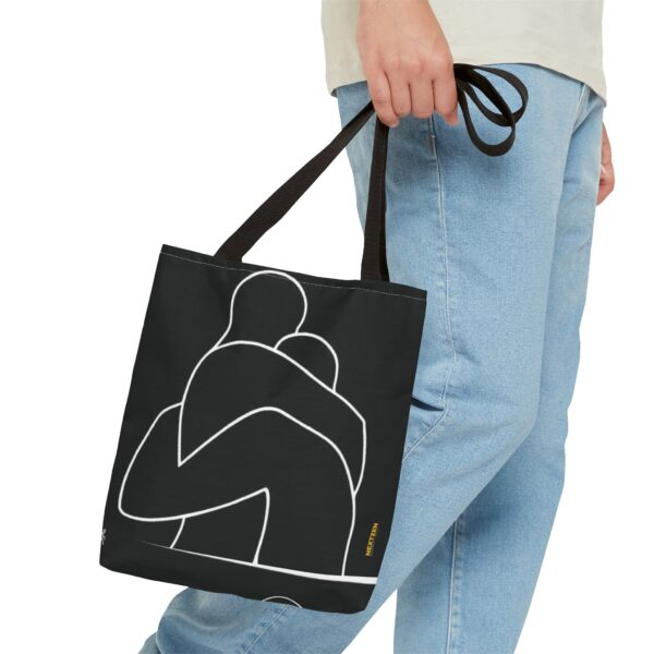 Minimalist Line Art Tote Bag — Embrace Hug Design on Black