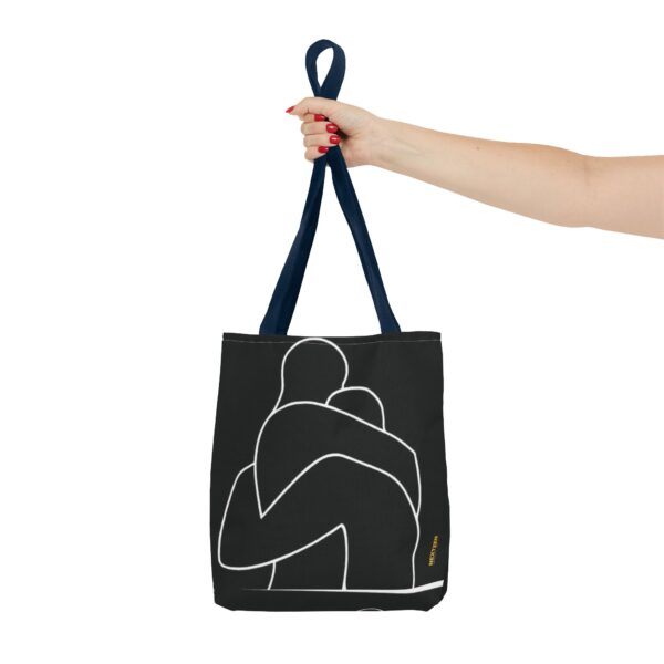 Minimalist Line Art Tote Bag — Embrace Hug Design on Black