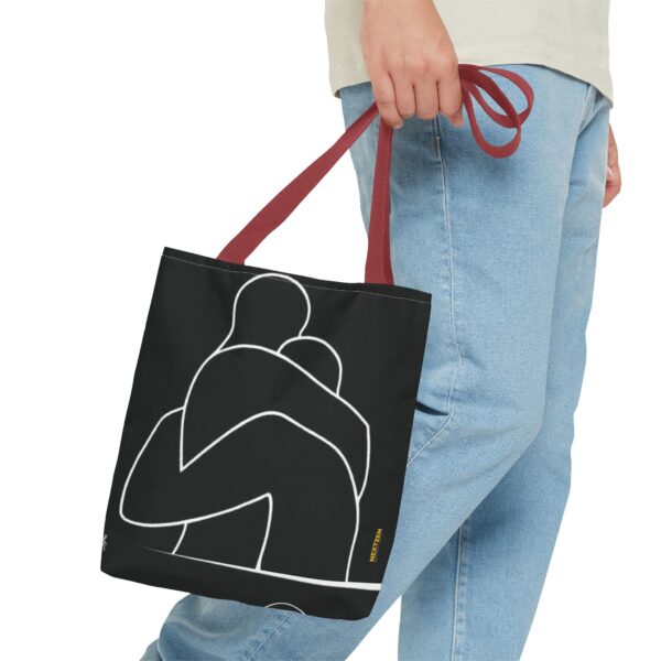 Minimalist Line Art Tote Bag — Embrace Hug Design on Black