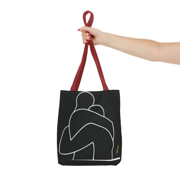 Minimalist Line Art Tote Bag — Embrace Hug Design on Black