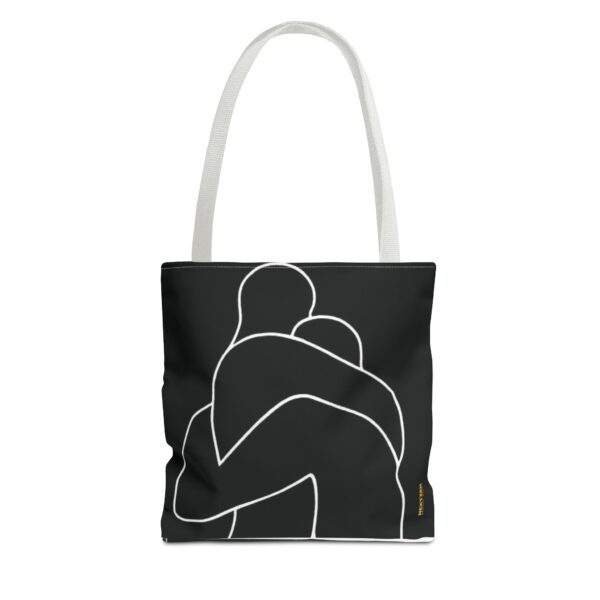Minimalist Line Art Tote Bag — Embrace Hug Design on Black